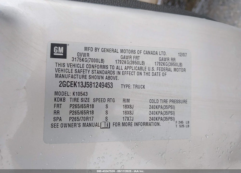 2008 CHEVROLET SILVERADO 1500 LT1 VIN: 2GCEK13J581249453