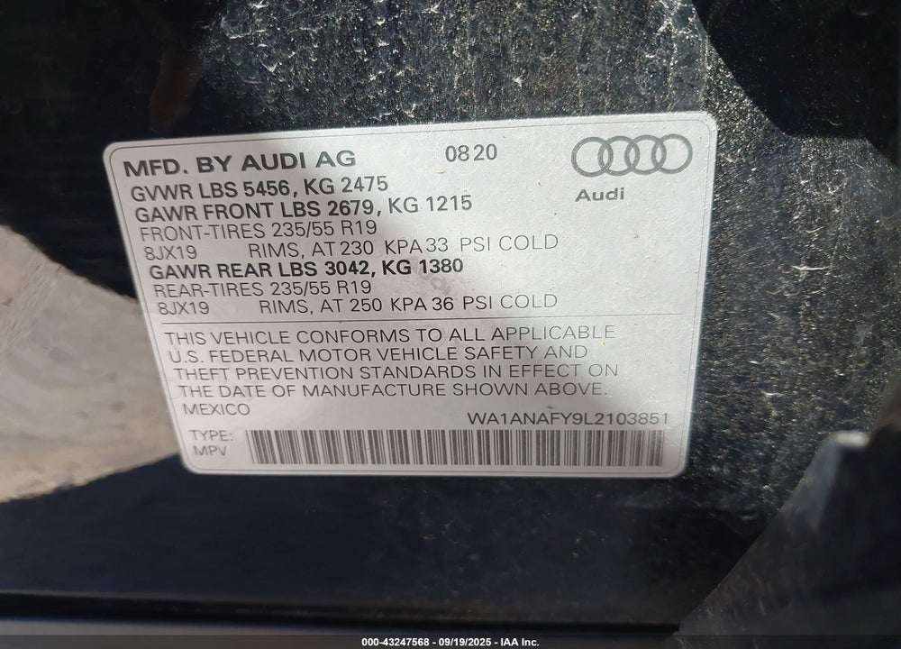 2020 AUDI Q5 VIN: WA1ANAFY9L2103851
