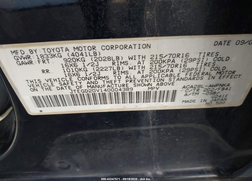 2004 TOYOTA RAV4 VIN: JTEGD20V140004389