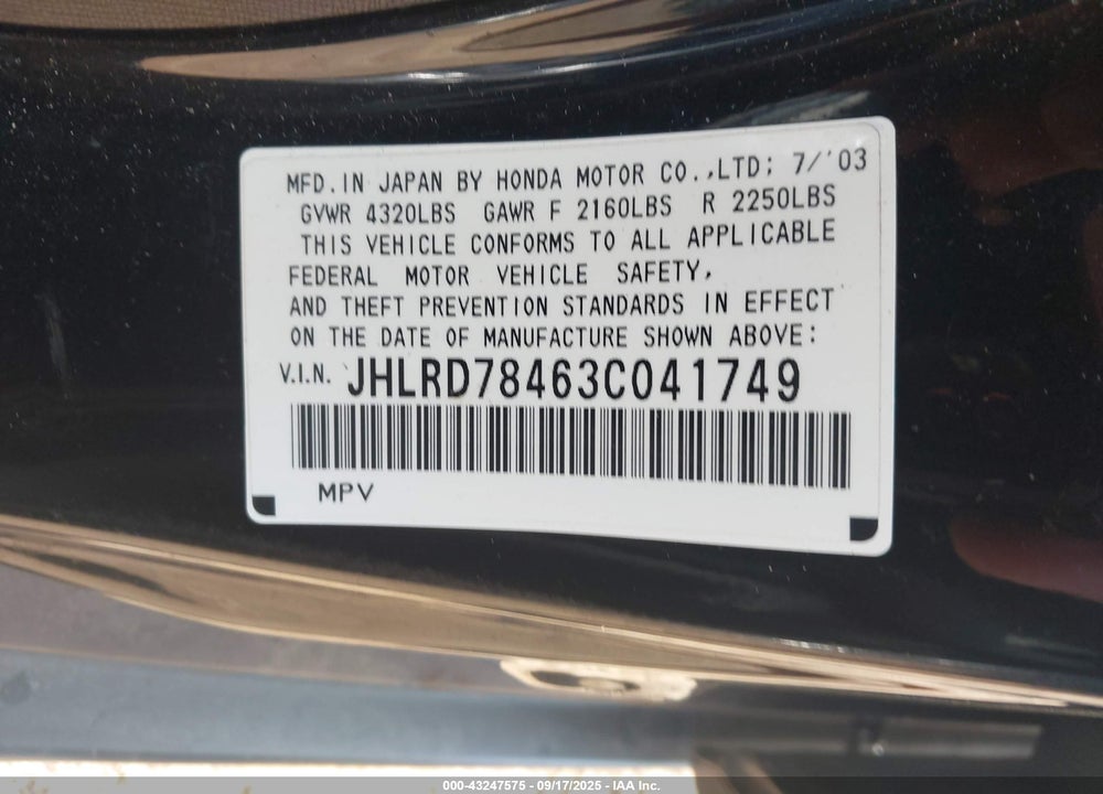 2003 HONDA CR-V LX VIN: JHLRD78463C041749