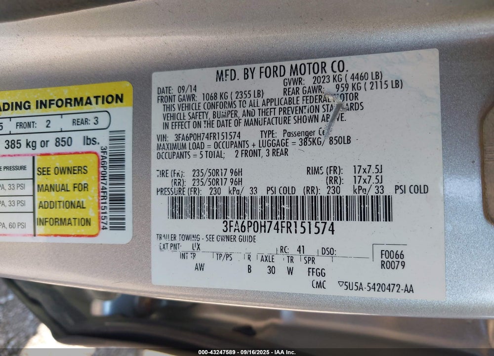 2015 FORD FUSION SE VIN: 3FA6P0H74FR151574