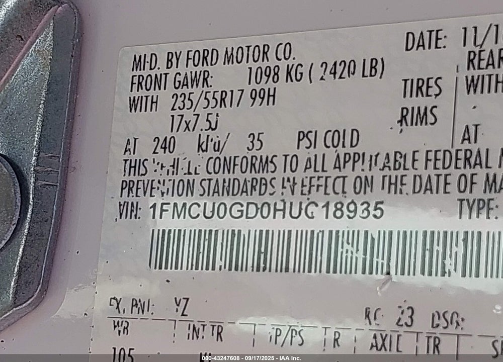 2017 FORD ESCAPE VIN: 1FMCU0GD0HUC18935