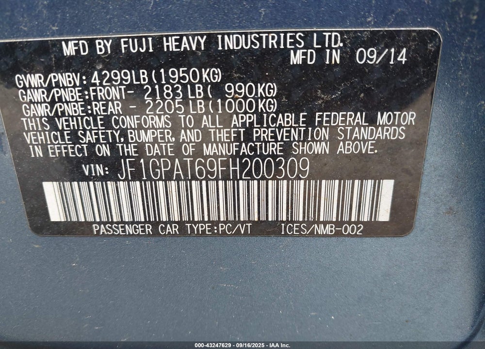 2015 SUBARU IMPREZA VIN: JF1GPAT69FH200309