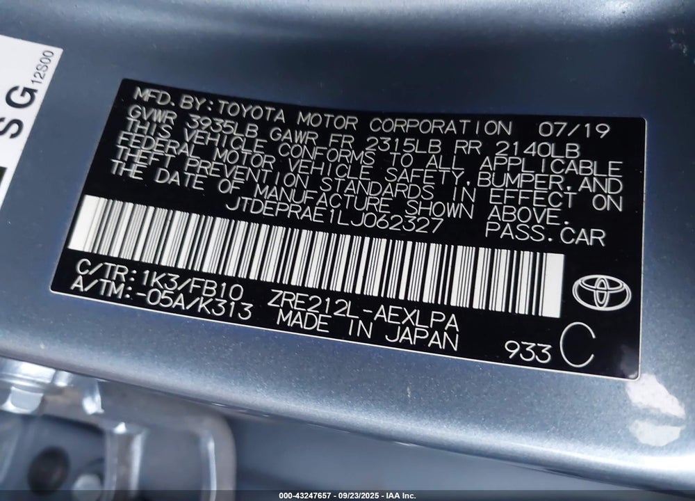 2020 TOYOTA COROLLA VIN: JTDEPRAE1LJ062327