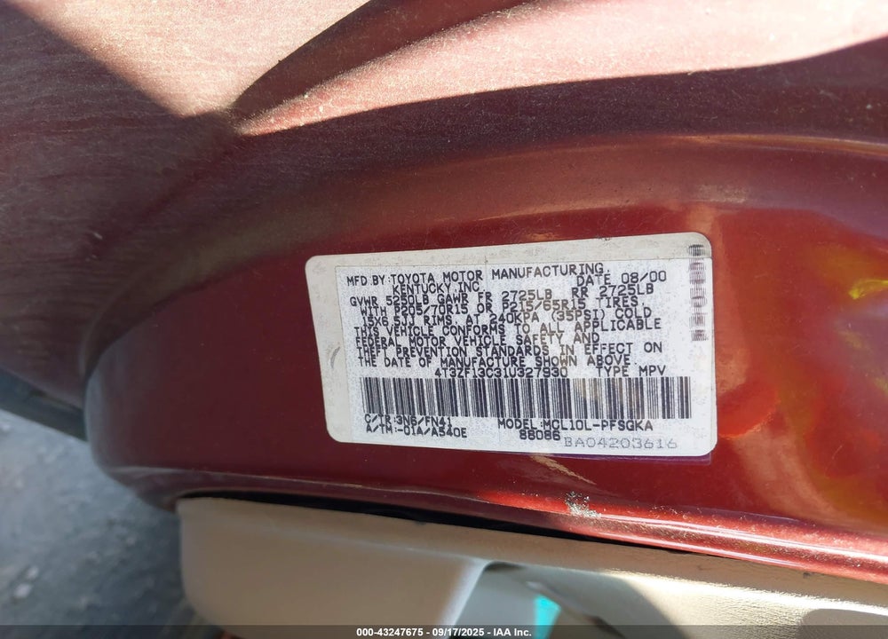2001 TOYOTA SIENNA LE VIN: 4T3ZF13C31U327930