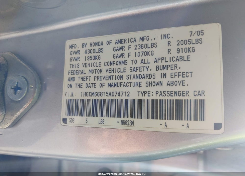 2005 HONDA ACCORD 3.0 EX VIN: 1HGCM66815A074712