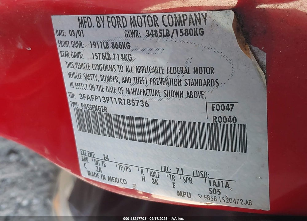 2001 FORD ESCORT VIN: 3FAFP13P11R185736