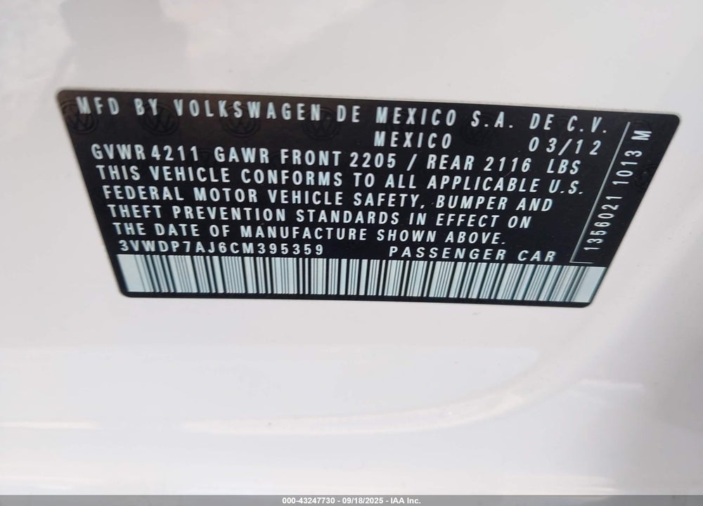 2012 VOLKSWAGEN JETTA VIN: 3VWDP7AJ6CM395359