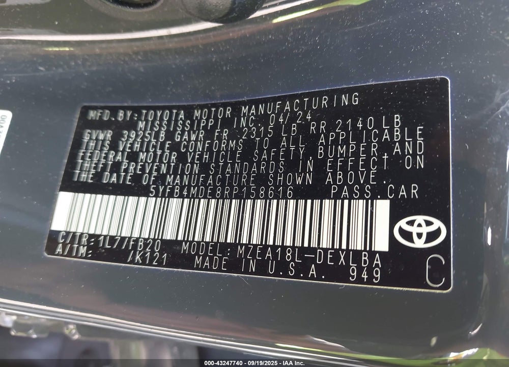 2024 TOYOTA COROLLA VIN: 5YFB4MDE8RP158616