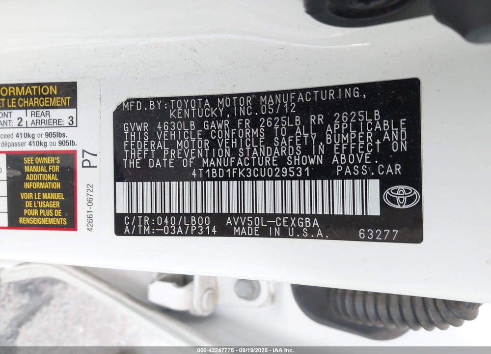 2012 TOYOTA CAMRY HYBRID VIN: 4T1BD1FK3CU029531