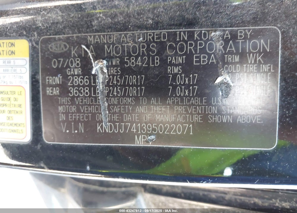 2009 KIA BORREGO VIN: KNDJJ741395022071
