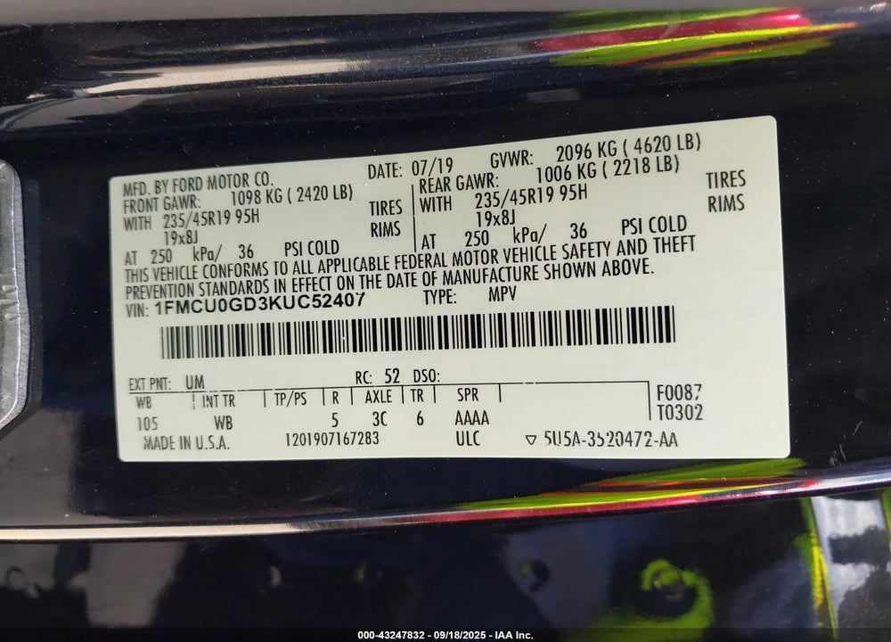 2019 FORD ESCAPE SE VIN: 1FMCU0GD3KUC52407