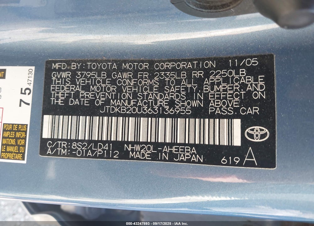 2006 TOYOTA PRIUS VIN: JTDKB20U363136955