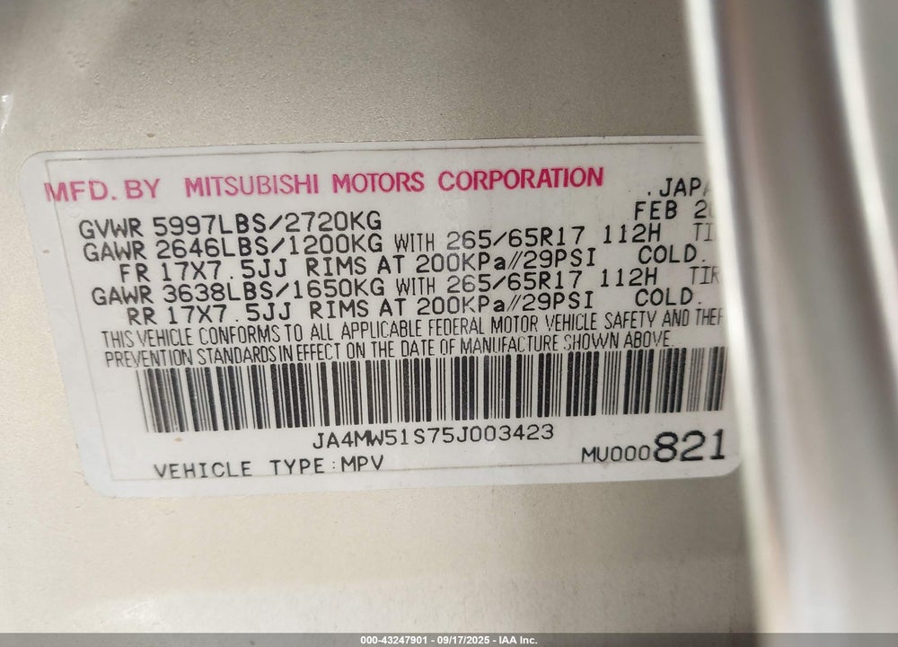 2005 MITSUBISHI MONTERO LIMITED VIN: JA4MW51S75J003423