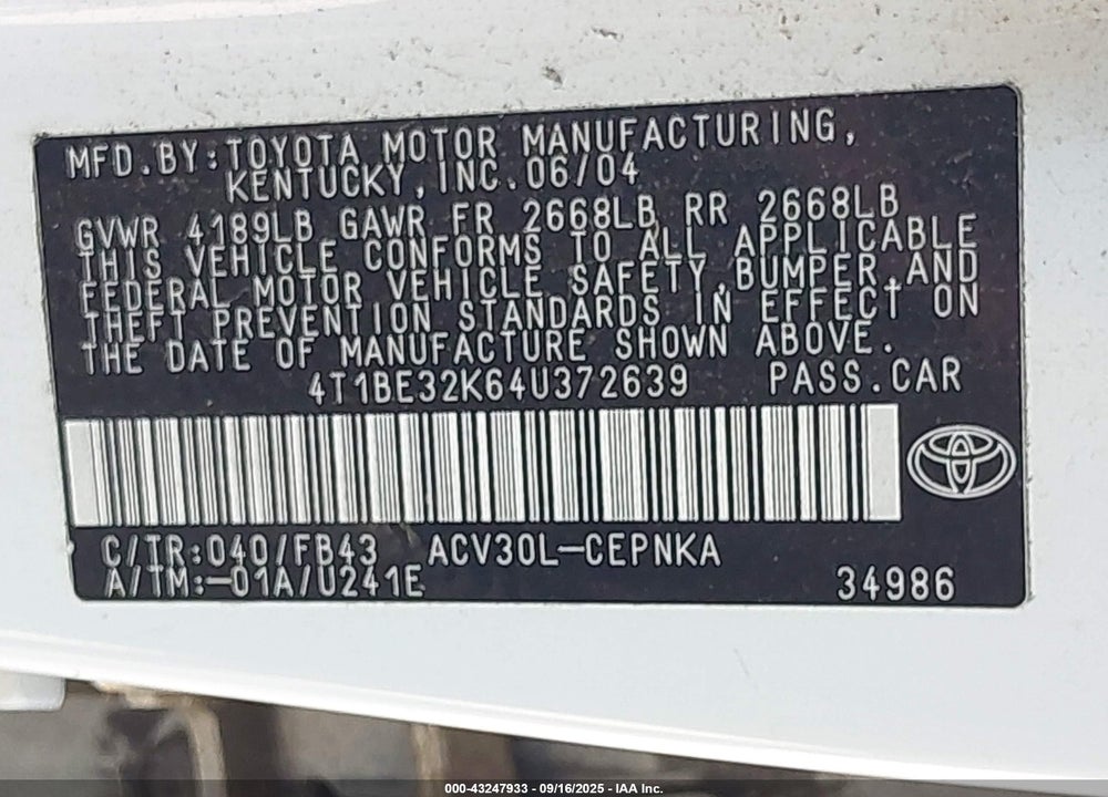 2004 TOYOTA CAMRY LE VIN: 4T1BE32K64U372639
