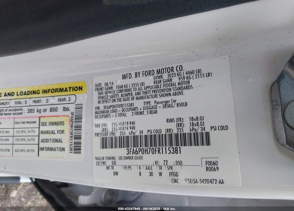 2015 FORD FUSION VIN: 3FA6P0H70FR115381