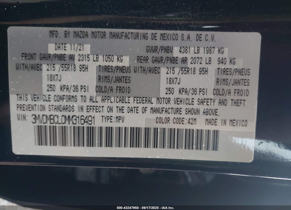 2021 MAZDA CX-30 VIN: 3MVDMBCL0MM316491