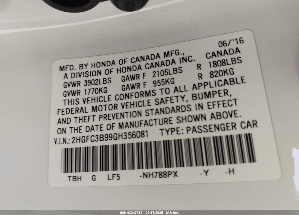 2016 HONDA CIVIC VIN: 2HGFC3B99GH356081