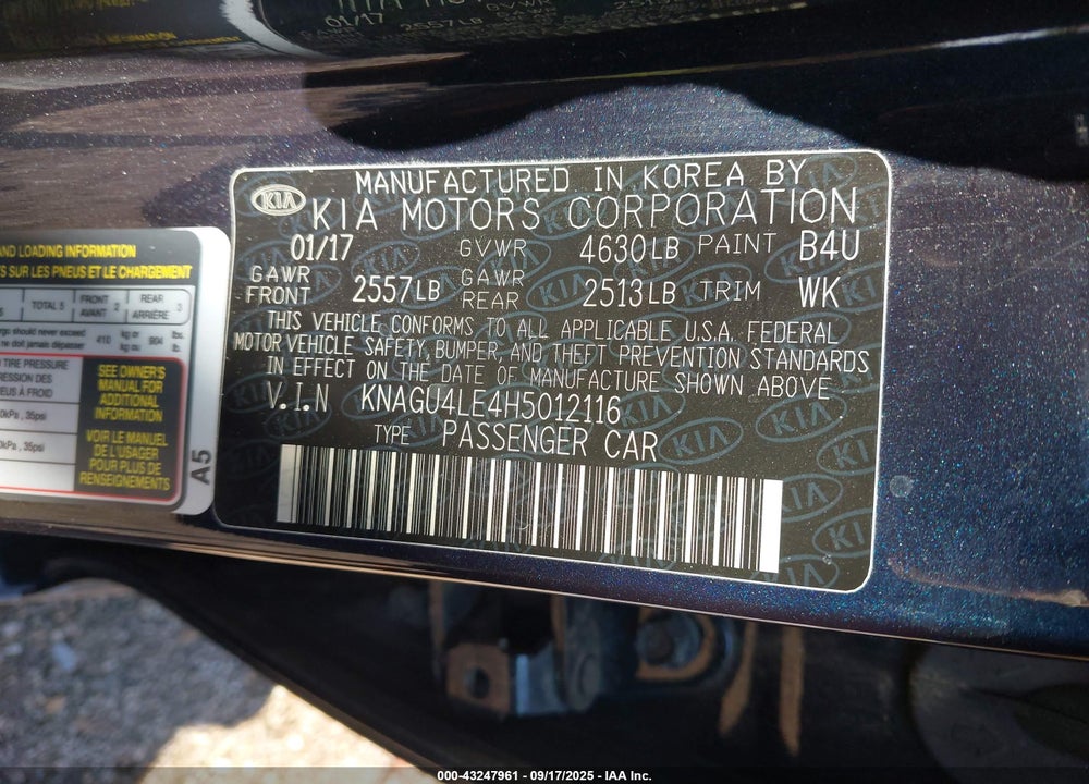 2017 KIA OPTIMA HYBRID EX VIN: KNAGU4LE4H5012116