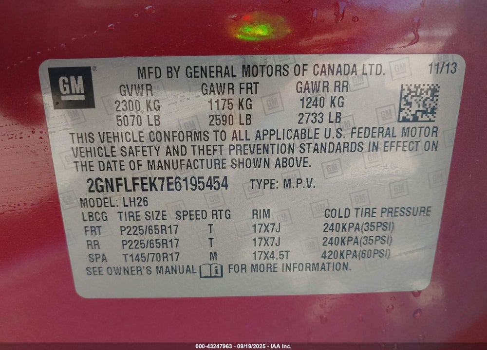 2014 CHEVROLET EQUINOX VIN: 2GNFLFEK7E6195454