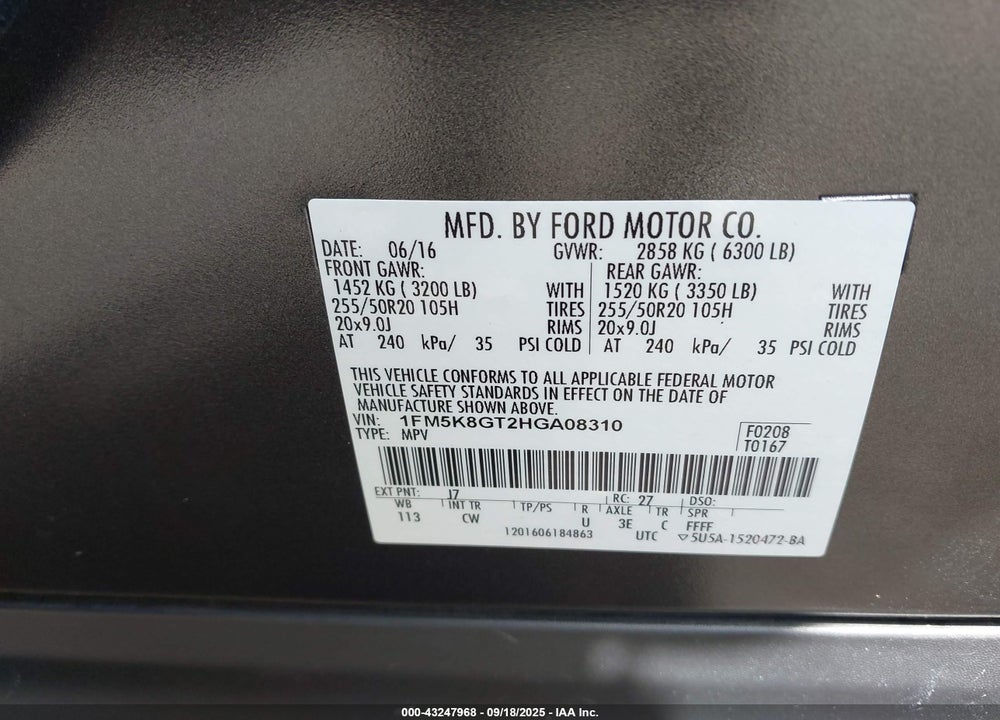 2017 FORD EXPLORER SPORT VIN: 1FM5K8GT2HGA08310