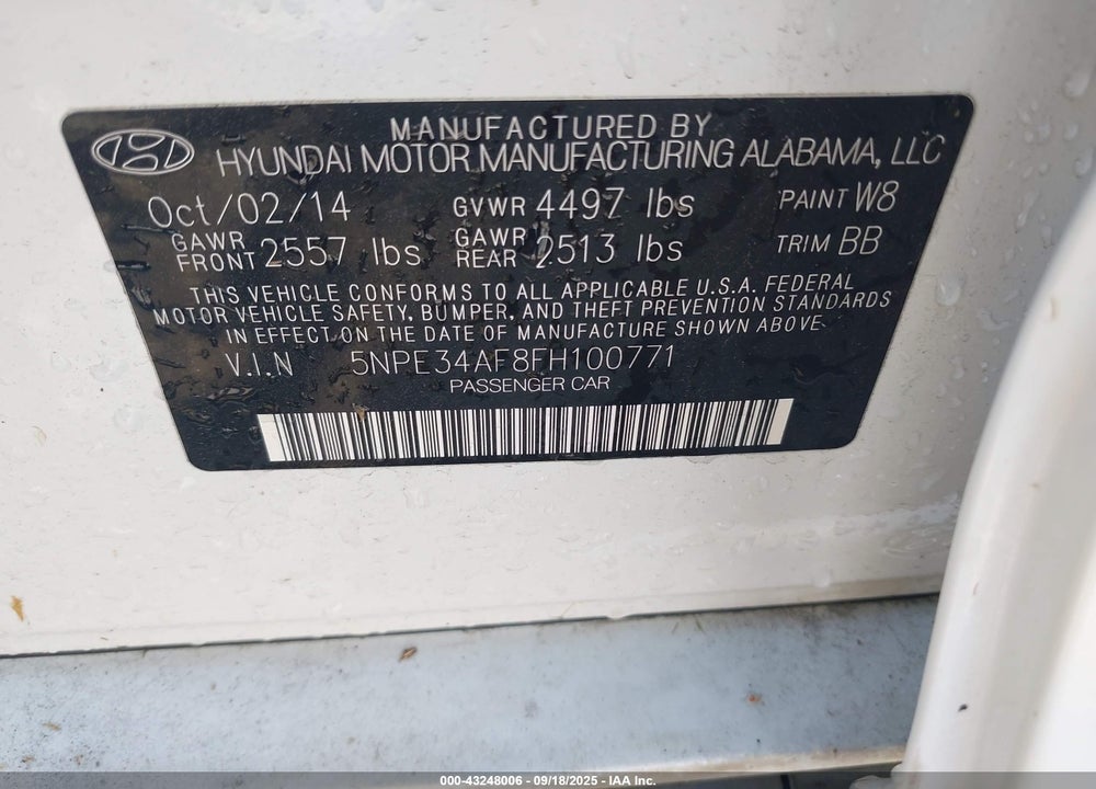 2015 HYUNDAI SONATA LIMITED VIN: 5NPE34AF8FH100771