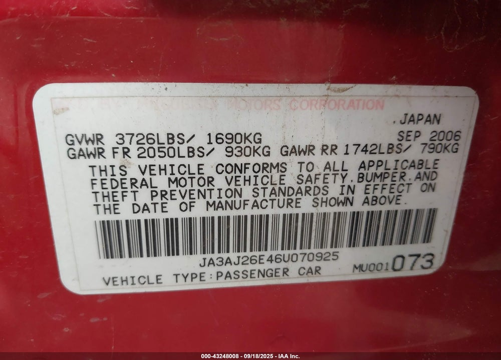 2006 MITSUBISHI LANCER ES/SE VIN: JA3AJ26E46U070925