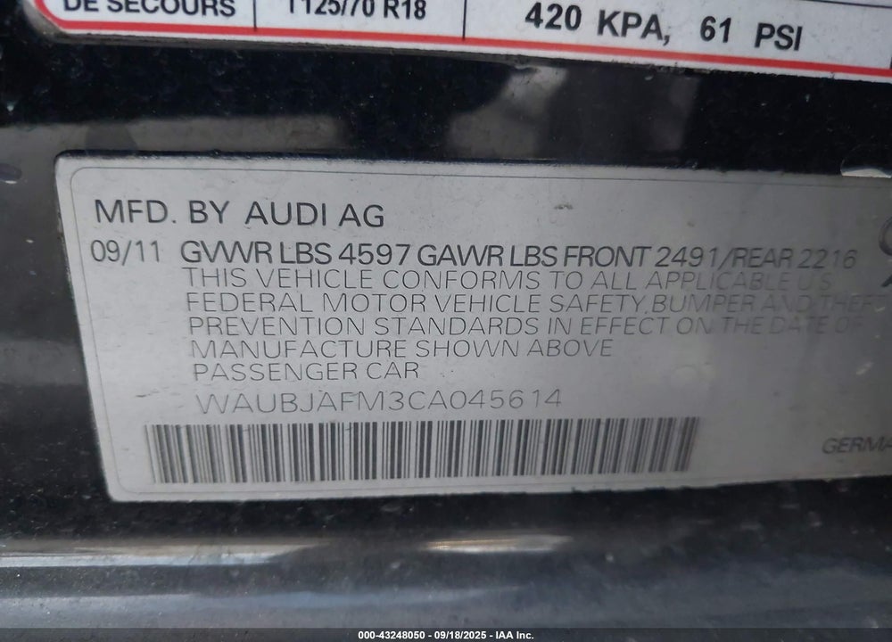 2012 AUDI A3 VIN: WAUBJAFM3CA045614