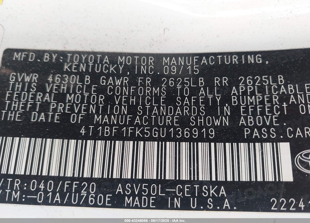 2016 TOYOTA CAMRY VIN: 4T1BF1FK5GU136919