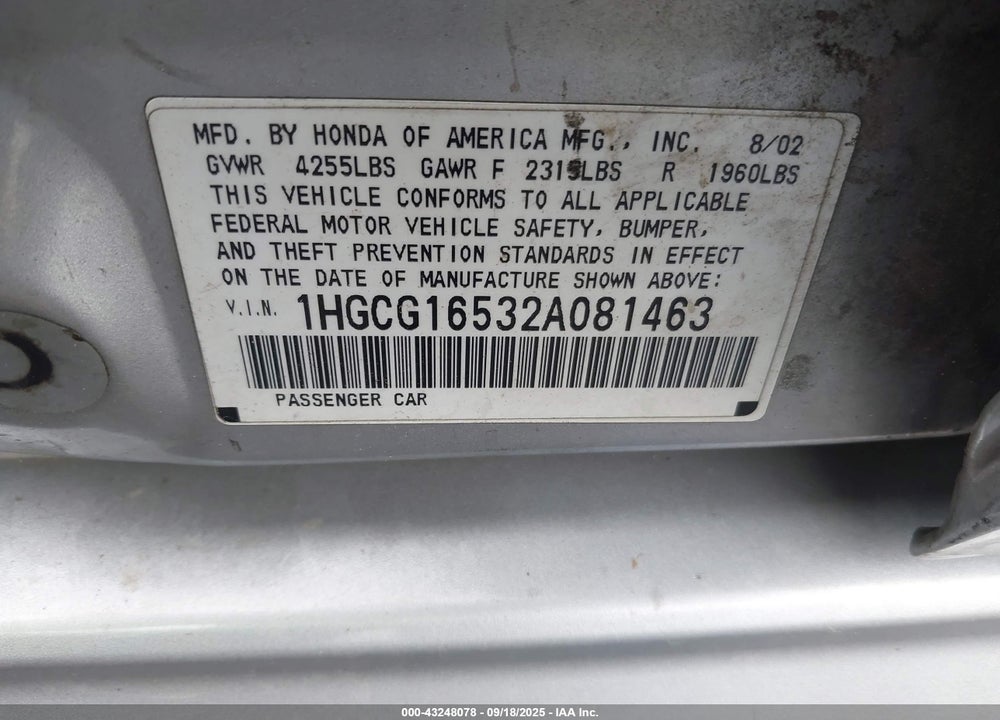 2002 HONDA ACCORD 3.0 EX VIN: 1HGCG16532A081463