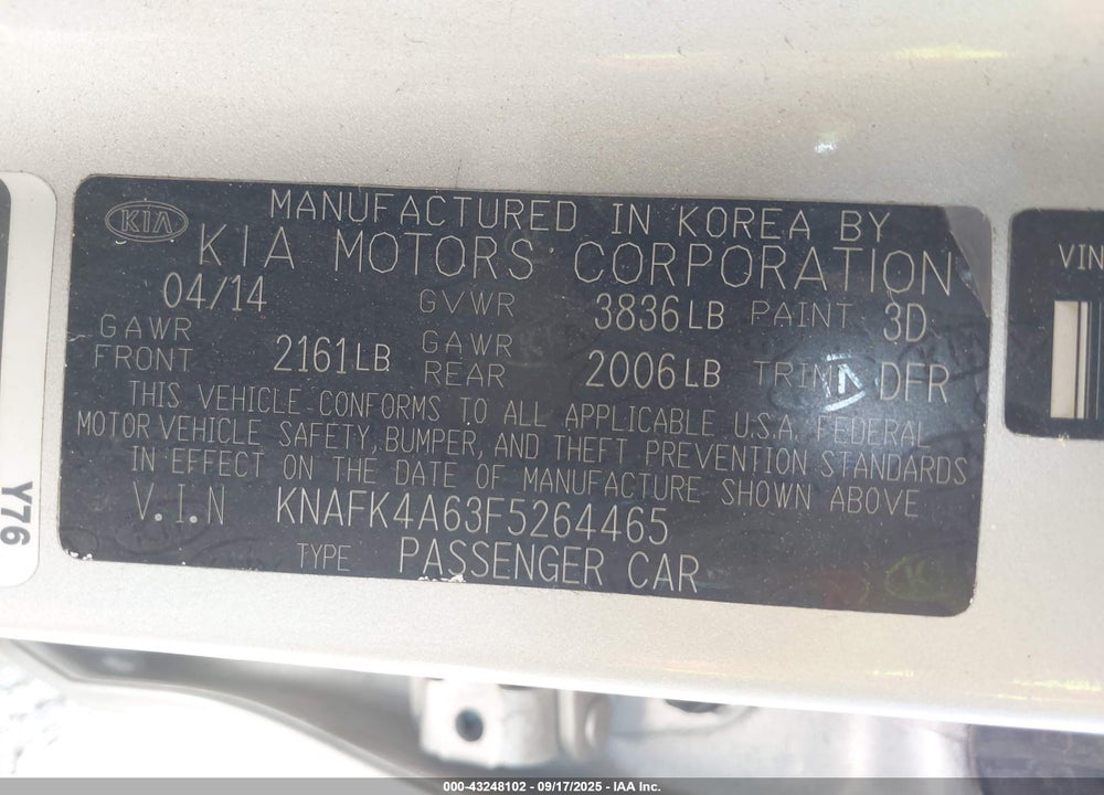 2015 KIA FORTE VIN: KNAFK4A63F5264465