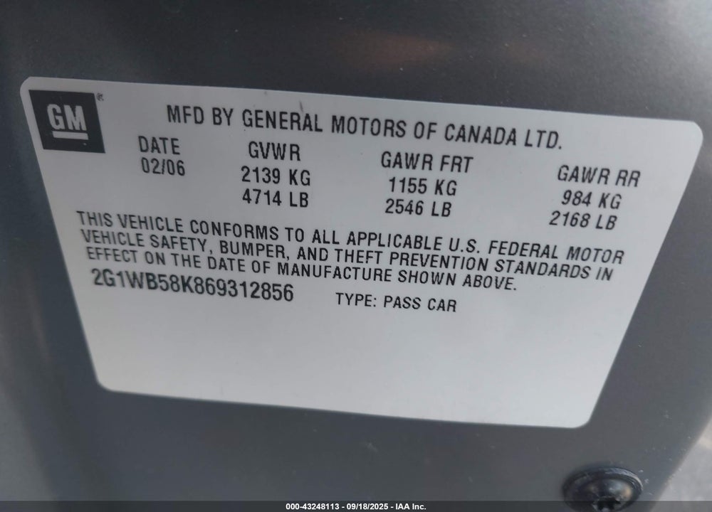 2006 CHEVROLET IMPALA LS VIN: 2G1WB58K869312856