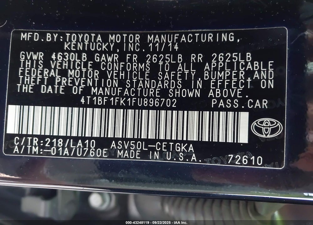 2015 TOYOTA CAMRY VIN: 4T1BF1FK1FU896702