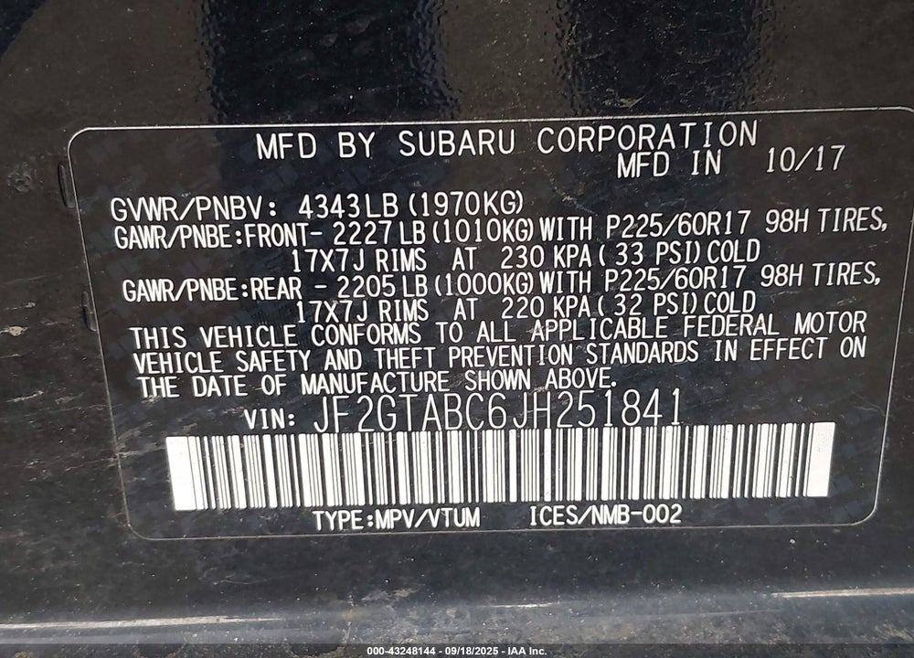 2018 SUBARU CROSSTREK 2.0I PREMIUM VIN: JF2GTABC6JH251841