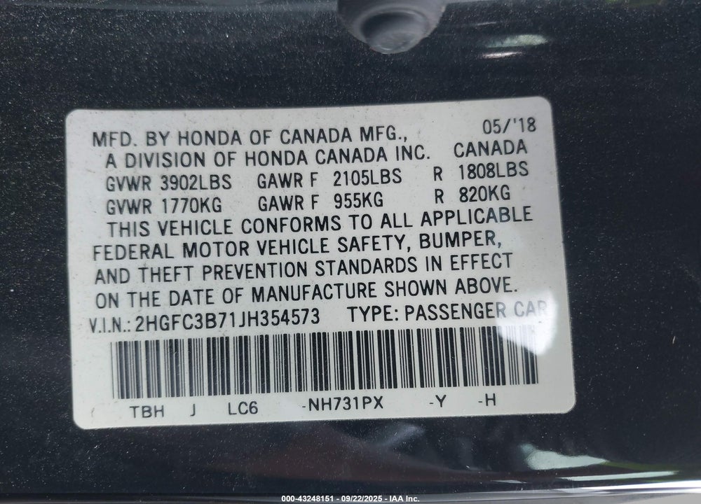 2018 HONDA CIVIC VIN: 2HGFC3B71JH354573