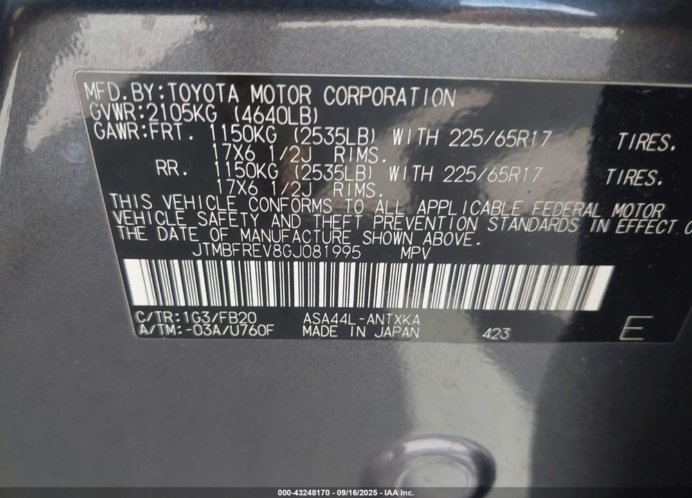 2016 TOYOTA RAV4 VIN: JTMBFREV8GJ081995
