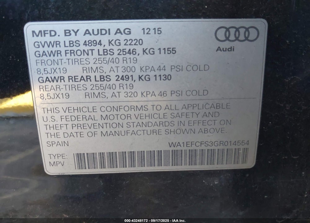 2016 AUDI Q3 2.0T PREMIUM PLUS VIN: WA1EFCFS3GR014554