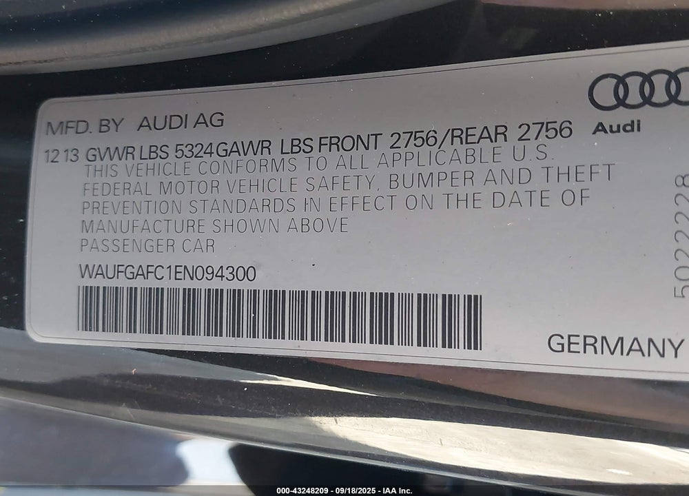 2014 AUDI A6 VIN: WAUFGAFC1EN094300