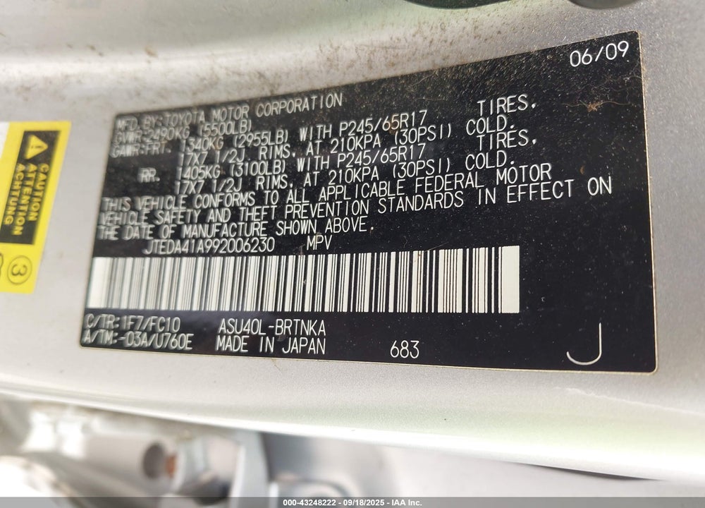 2009 TOYOTA HIGHLANDER VIN: JTEDA41A992006230
