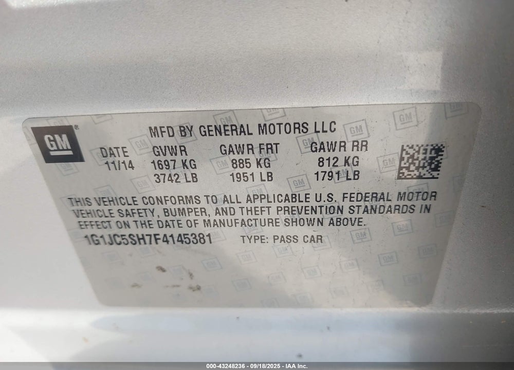 2015 CHEVROLET SONIC VIN: 1G1JC5SH7F4145381