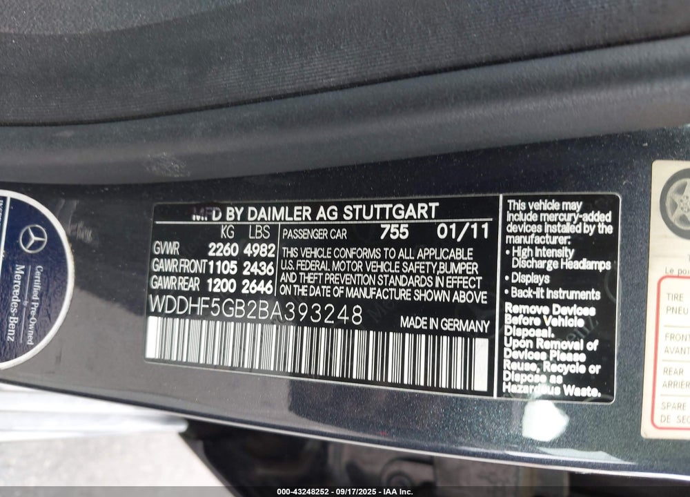 2011 MERCEDES-BENZ E-CLASS VIN: WDDHF5GB2BA393248