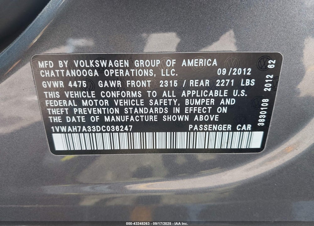 2013 VOLKSWAGEN PASSAT VIN: 1VWAH7A33DC036247