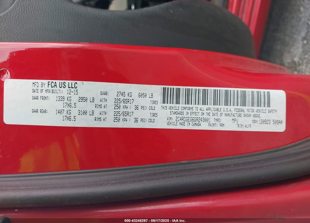 2016 DODGE GRAND CARAVAN R/T VIN: 2C4RDGEG6GR243001