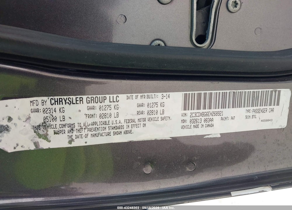 2014 DODGE CHARGER SE VIN: 2C3CDXBG6EH268921
