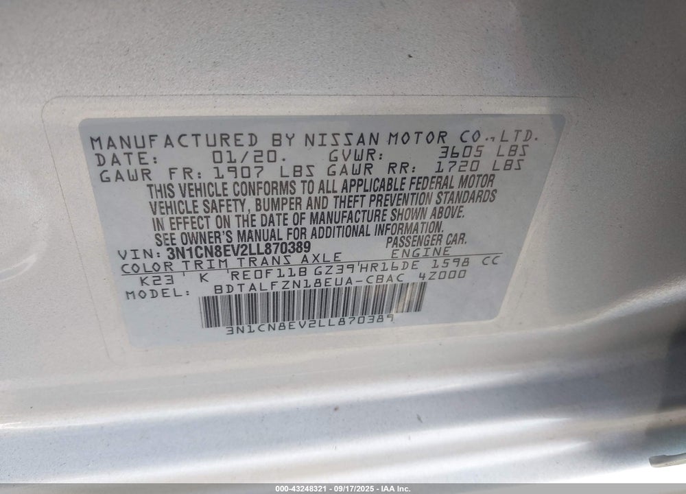 2020 NISSAN VERSA SV XTRONIC CVT VIN: 3N1CN8EV2LL870389