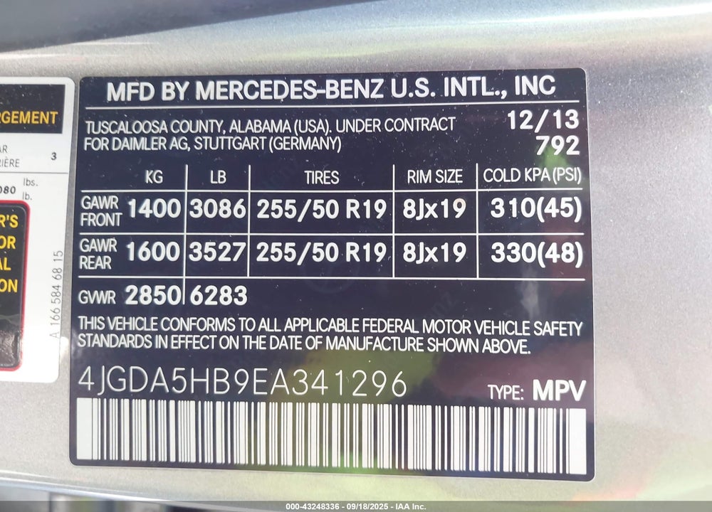2014 MERCEDES-BENZ ML-CLASS VIN: 4JGDA5HB9EA341296