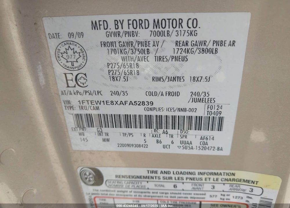 2010 FORD F-150 VIN: 1FTEW1E8XAFA52839