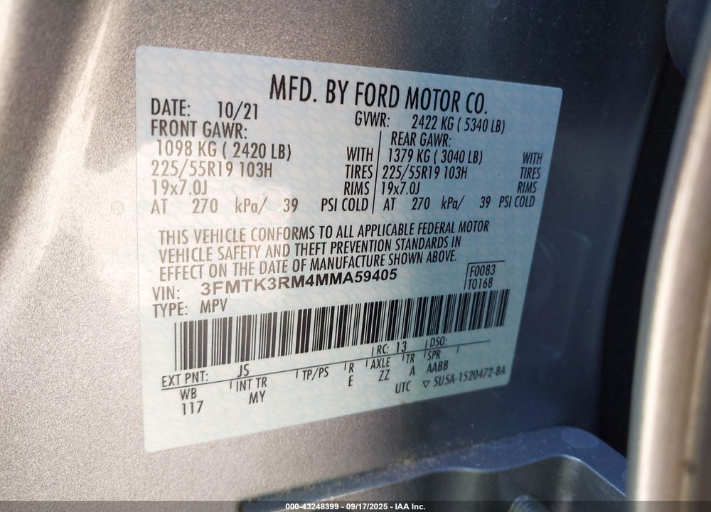 2021 FORD MUSTANG MACH-E VIN: 3FMTK3RM4MMA59405