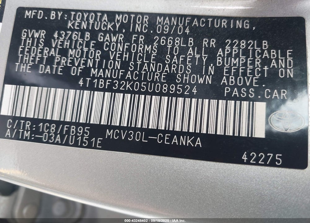 2005 TOYOTA CAMRY LE V6 VIN: 4T1BF32K05U089524