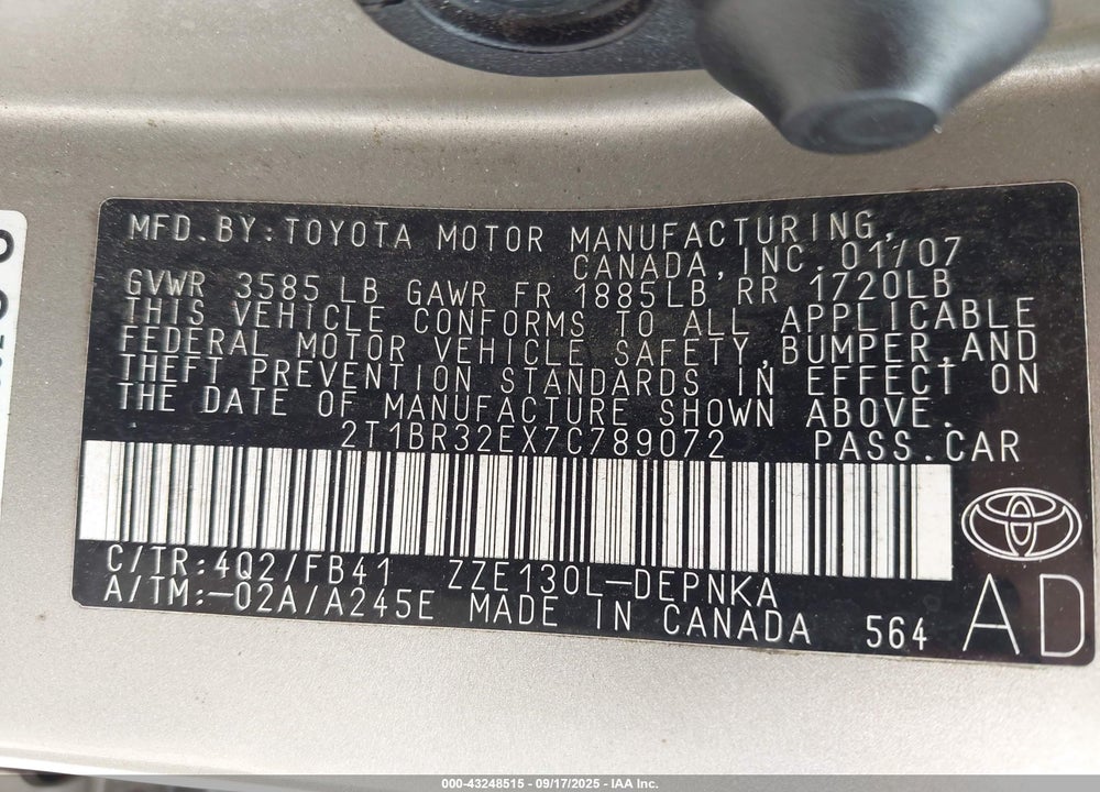 2007 TOYOTA COROLLA LE VIN: 2T1BR32EX7C789072